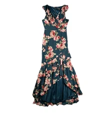 Lulus Dress Women XS Green Floral Ruffle Mermaid Maxi Evening Formal