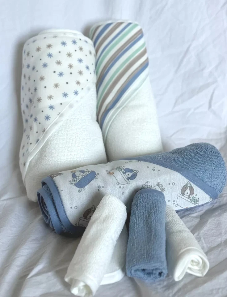 Presente para chá de bebê 6 peças toalhas com capuz bebê menino azul filhote fofo bom - Imagem 3 de 4