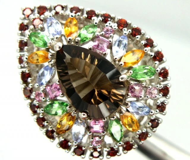 Anillo único para mujer de cuarzo ahumado en forma de pera con detalles de piedras preciosas multicolores Foto 2 de 4