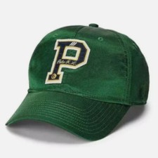NWT POLO Ralph Lauren P LOGO CAP Leather Strapback Hat GREEN SATIN Rare MENS OS