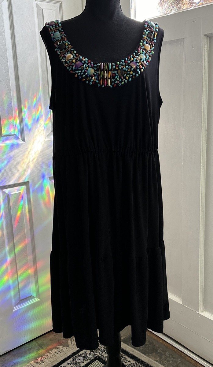 Women's Tiered Black Midi With Colorful Beaded Collar Sleeveless Dress size  1XL | eBay