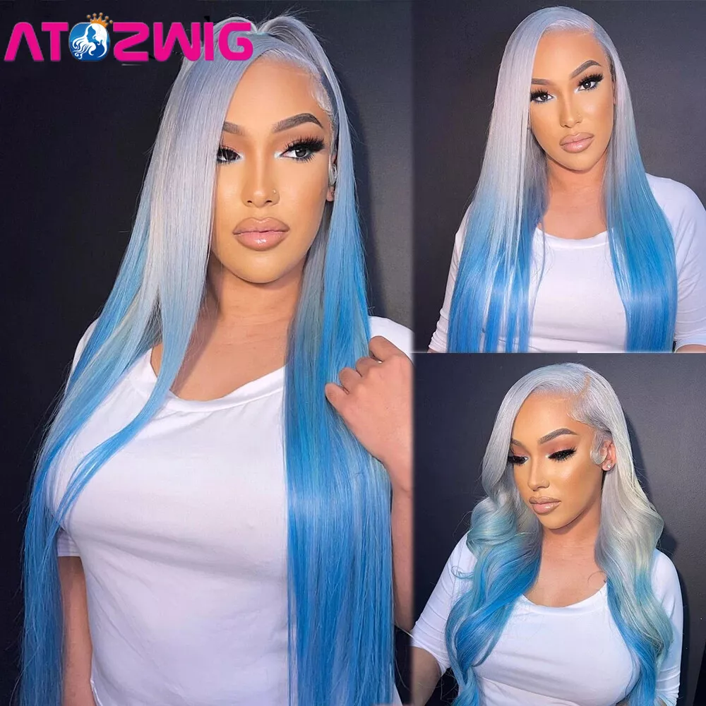 Silky Lace Front Wig Long Gray Ombre Blue Wig for Black Women