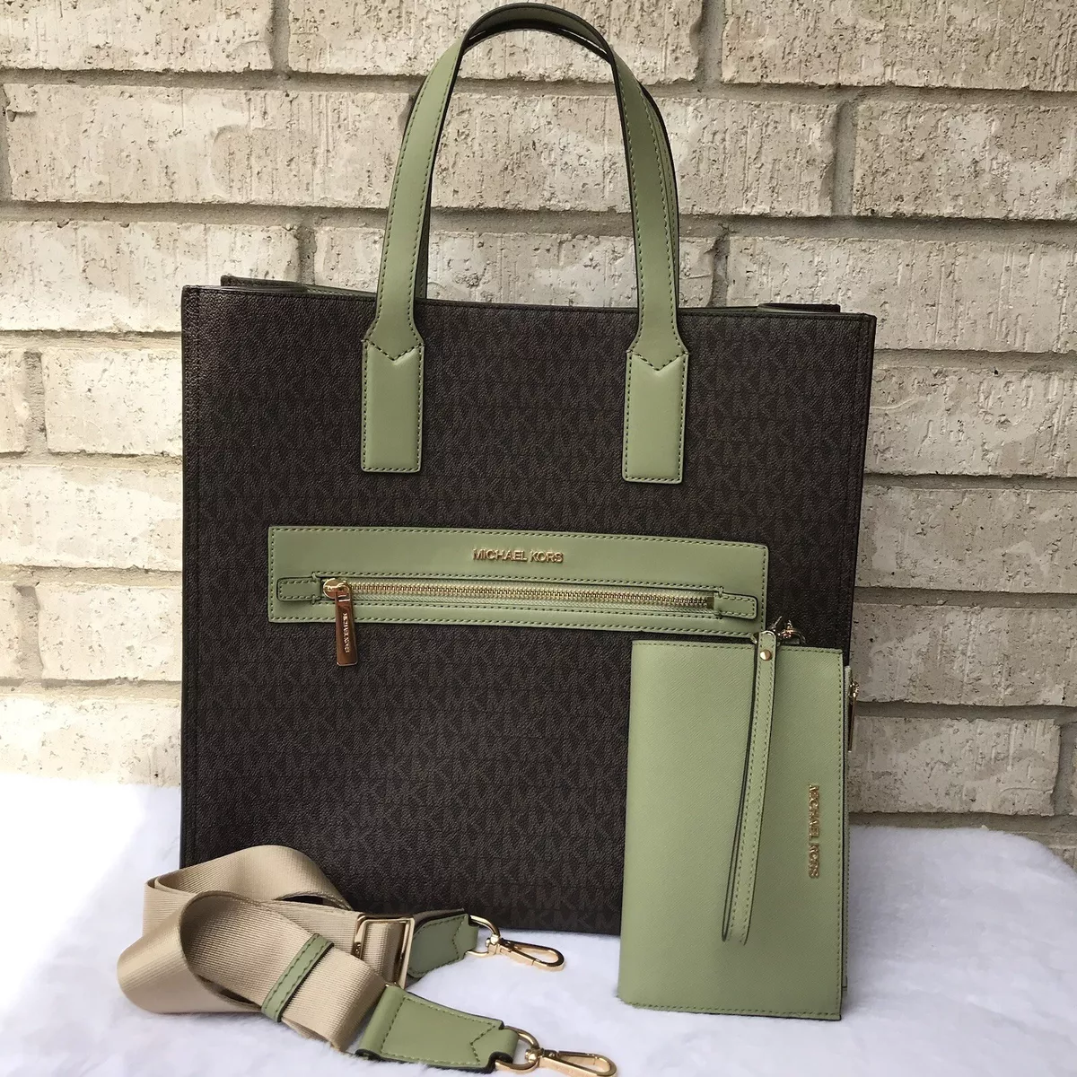 New Michael Kors Kenly Large Logo Tote Signature Brown / Light Sage