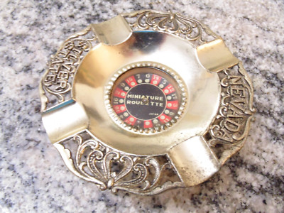 Vtg Gambling Souvenir Silver State Nevada Metal Ashtray Working Roulette Wheel