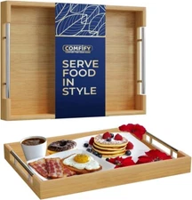 Modern Bamboo Serving Tray with Metal Handles – Wooden Ottoman Tray for Entertai