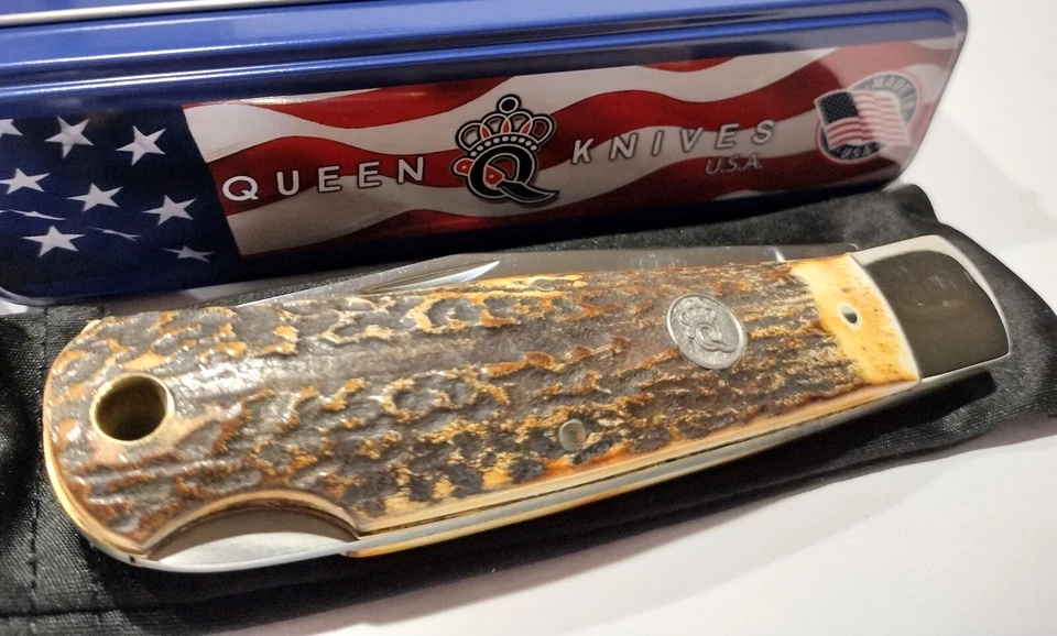 Cuchillo de bolsillo plegable Queen USA marrón quemado cuerno de ciervo asas bloqueo QGSH106 Foto 3 de 4
