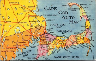 Cape Cod Auto Map Massachusetts Roadways Ocean Towns State Linen Postcard