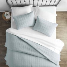 Pale Blue Square Pattern Quilted Coverlet Set, Full/Queen
