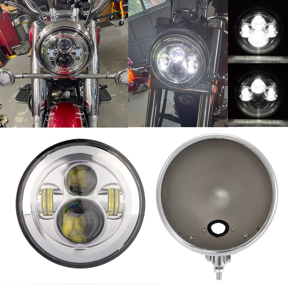 7" LED Headlight DRL With Housing Bucket For Harley Bobber Foto 4 de 4