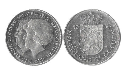 Netherlands 2 1/2 2.5 Two Half Gulden Coin 1980 Coronation Queen