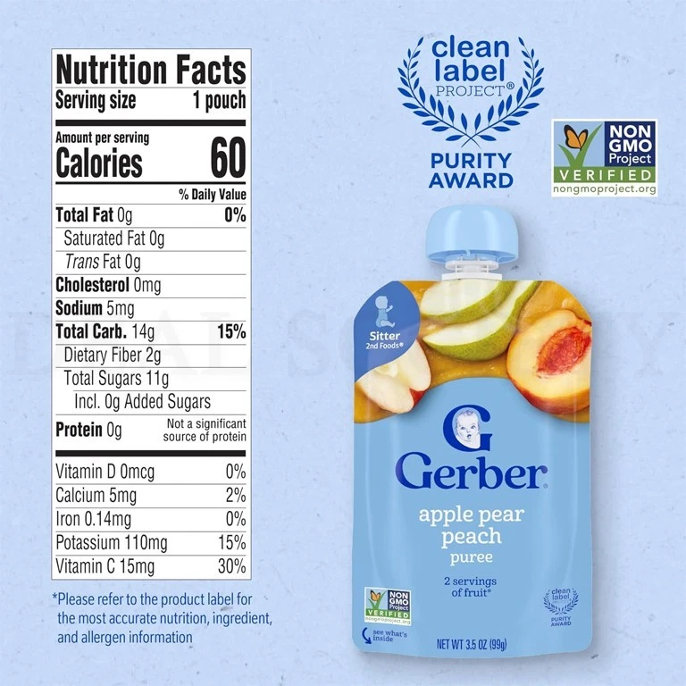 Gerber Stage 2 Baby Food, Apple Pear Peach Puree Pouch 3.5oz Lot of 24 - Image 2 of 4