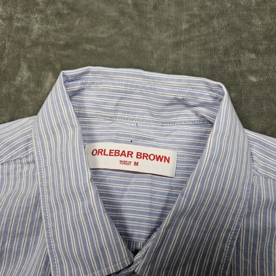Camisa Orlebar Marrón Para Hombre Mediana Azul Blanco Rayas Abotonadas Manga Larga Algodón Foto 2 de 4
