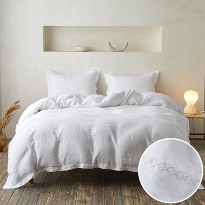 Linen Duvet Cover Set King 3 Pieces Crossed Embroidery Breathable White Washed