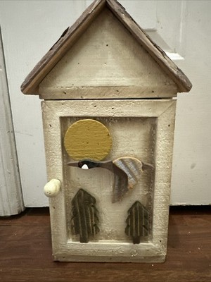 Vtg Wooden Handmade Key Box Wall Hanging Lake Loon Camp Hunt Barnboard Rustic