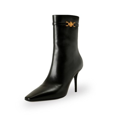 Versace Women's Black Leather Gold Medusa High Heel Boots Shoes US 9.5 IT 39.5
