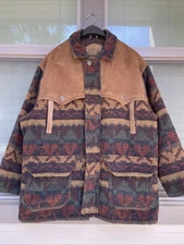 Woolrich Wool Coat XL Leather Suede Cape Quilt Lined Southwestern Brown Heavy