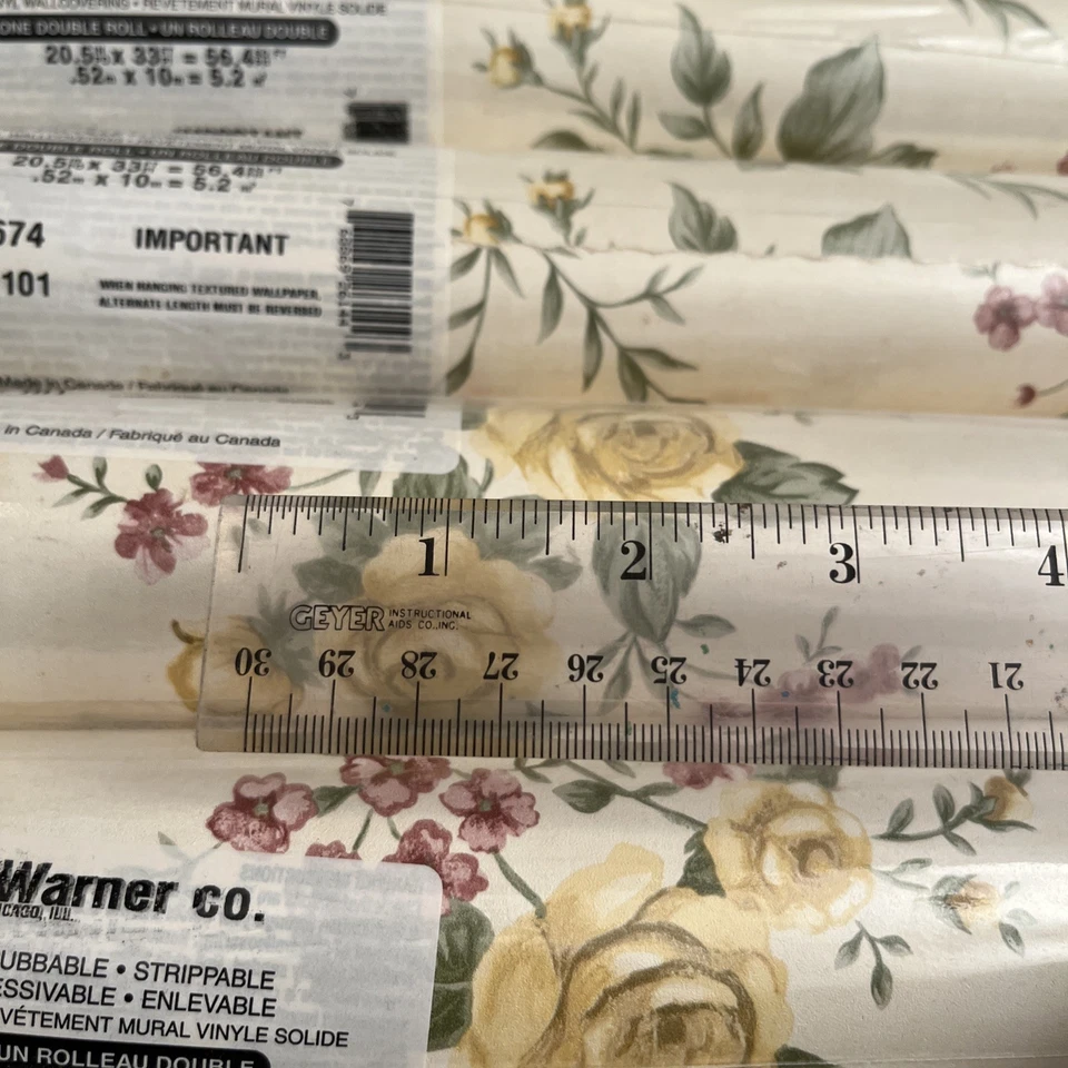 Wallpaper Floral Yellow Rose Warner Double Roll 33' x 20.5" Prepasted 6 Rolls - Image 4 of 4