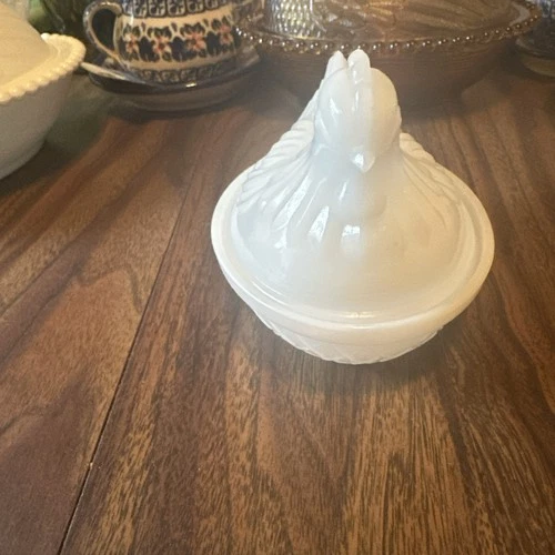 Hazel-Atlas Vintage White Milk Glass Hen On Nest Basket Weave Base, Small Dish