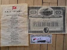 set Titanic reproduction first class menu and stock certificate and paper money
