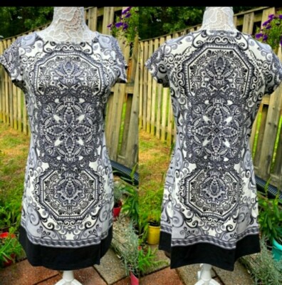 ISAAC MIZRAHI LIVE PORCELAIN PRINT DRESS *M* Blk& Crem.