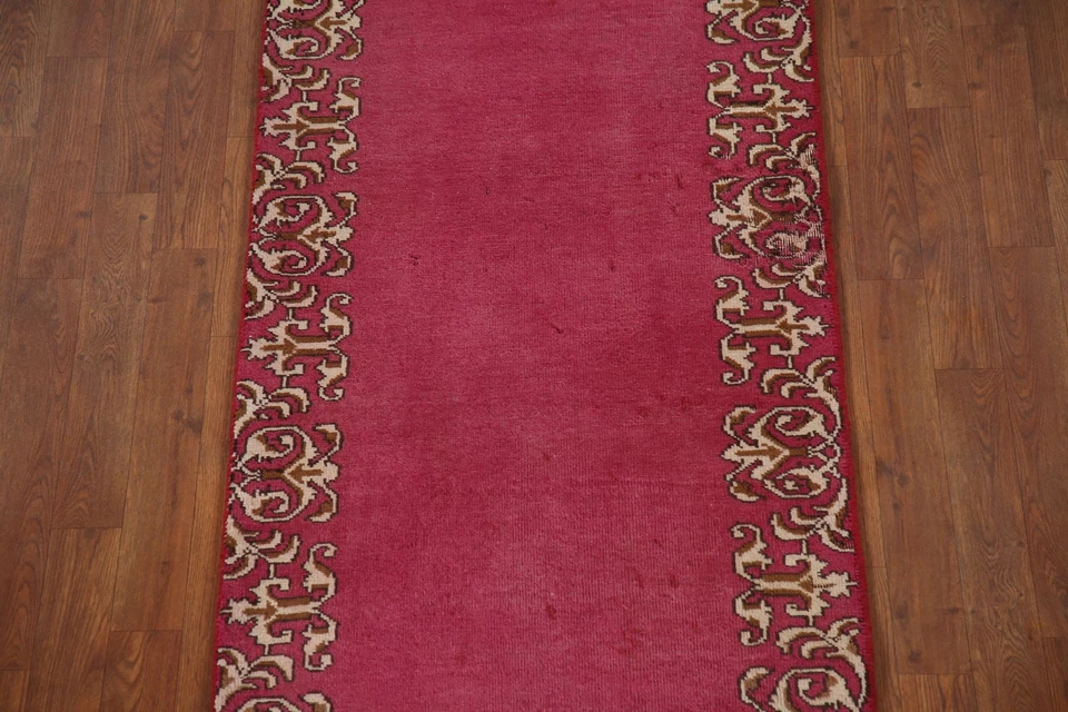 Vintage Pink Tebriz Bordered Handmade Runner Rug 2' 6" x 15' 3" Hallway Carpet - Image 4 of 4