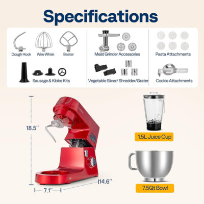 9in1 Stand Mixer 6 Speed 7.5Qt w/ Fermentation Timer Meat Grinder Juicer Slicer
