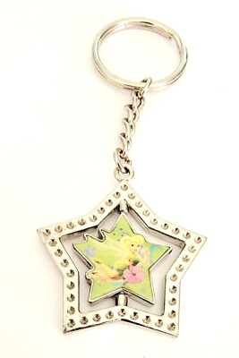 Tinkerbell Spinner Star Keychain Silvertone Metal Spinning Center Fairy Keyring 