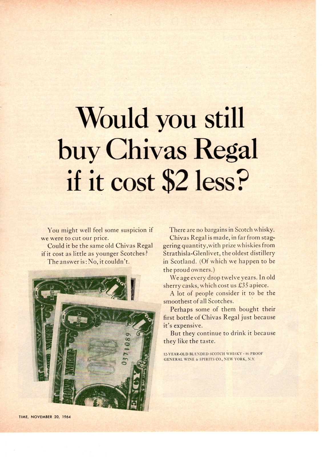 1964 Chivas Regal Scotch Whisky Strathisla-Glenlivet One Dollar Bills Print Ad