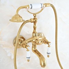 Golden Brass Dual ceramics Handle Wall Mount Clawfoot Bathtub Faucet Mixer Tap