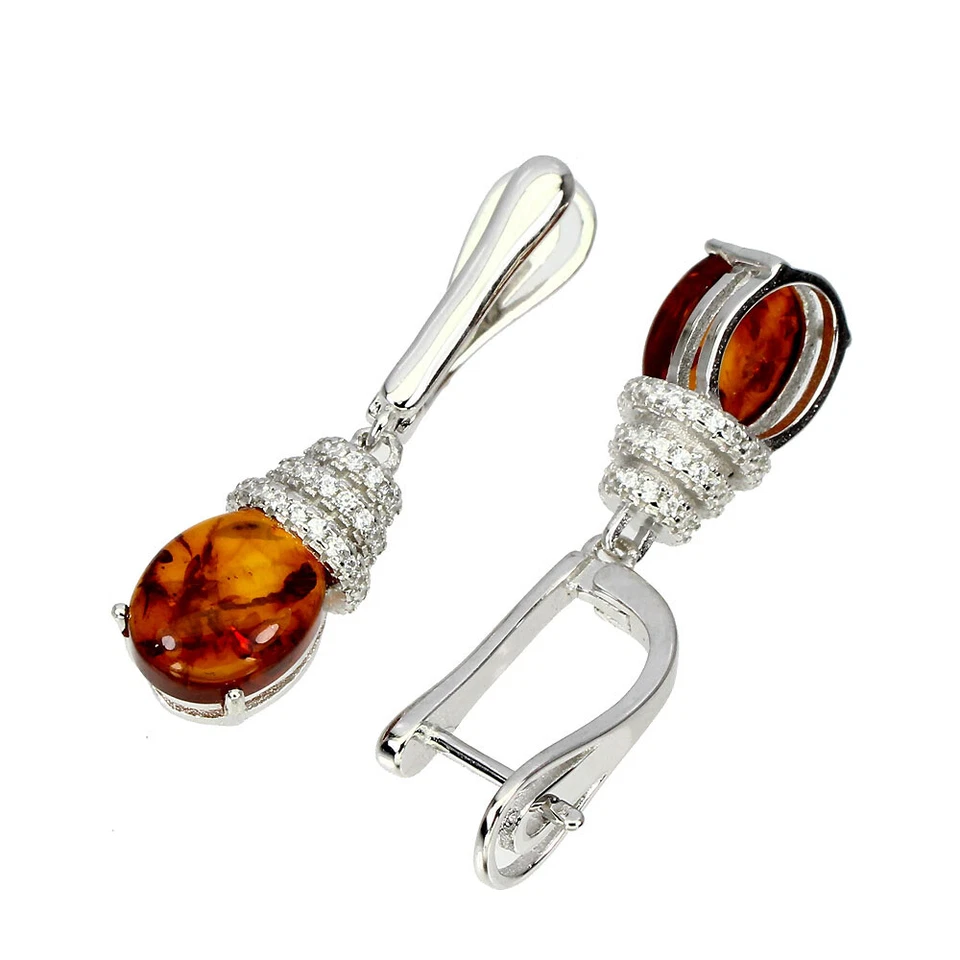 Pendientes de plata de ley 925 ovalados ámbar naranja Polonia 10x8 mm joyas de piedras preciosas Foto 3 de 4