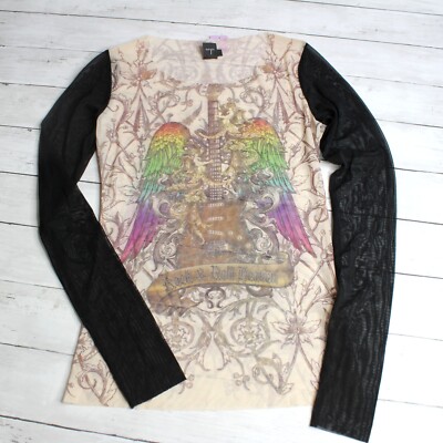 Vintage Women's Graphic Mesh T Shirt Top Size M Tattoo Art Guitar Wings