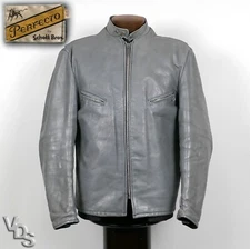 VTG Perfecto Schott Bros Silver Leather Motorcycle Jacket 46 Racer Bull USA 70s