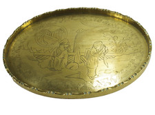 Tray Oval Brass 24.5cm stamp on back Chinese Antique Engraved Scene Card Unusual