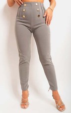 Womens Trousers High Waisted Button Detail Casual Stretch Full length Pants
