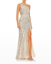 Mac Duggal NUDE/SILVER Women's Sequined One Shoulder Draped Lace up Gown, US 14