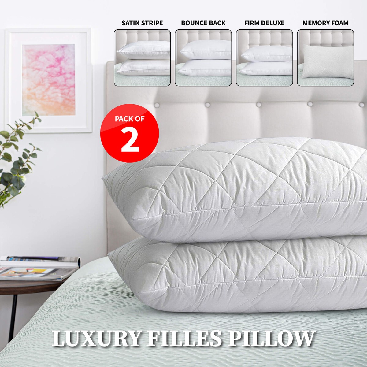 Pack Of 2 Large Memory Foam Pillows - Soft, Bounce-Back, Hypoallergenic & Hotel Quality