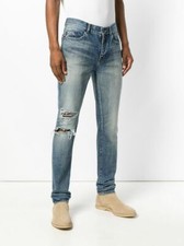 NWT Saint Laurent Men's Mid Blue Denim Knee Rip Distressed Skinny Jeans 29 890