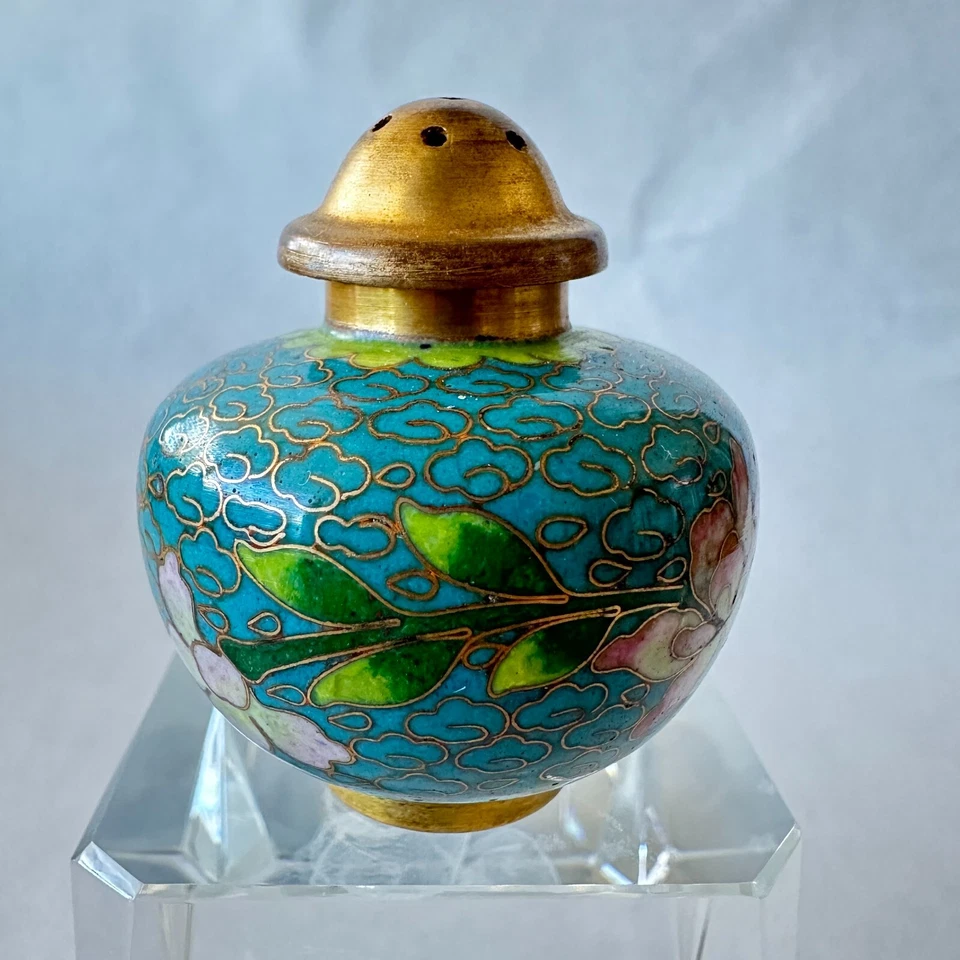 Salero y pimentero Cloisonné vintage con tapa de latón, años 60 chinos Foto 4 de 4