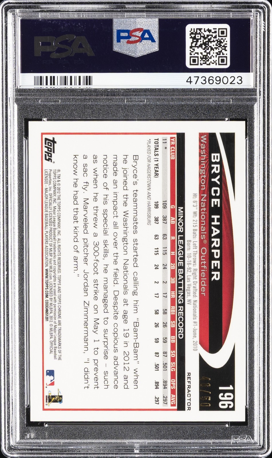 2012 TOPPS CHROME GOLD REFRACTOR #196 BRYCE HARPER ROOKIE RC #/50 PSA 9 view 2