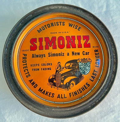 #ad Vintage Early Simoniz Car Polish Tin Can 1930s Great Graphics 7oz Orange $37.00
