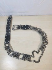 Vintage Women's Biker Belt Black Silver Tone Metal Motorcycle Chain Belt Lrg AT