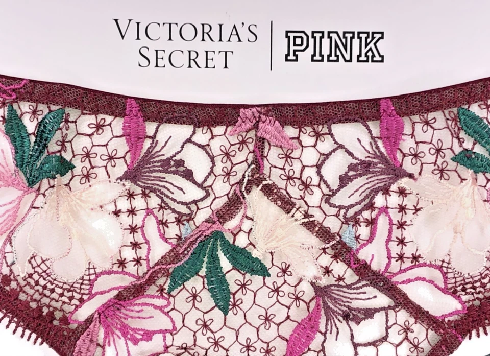 Victoria's Secret Tanga Panty Grande Borgoña Floral Bordado Malla Muy Sexy Nuevo con Etiquetas Foto 2 de 4