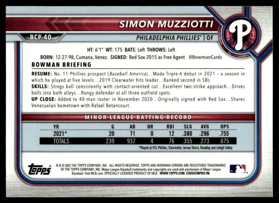 2022 BOWMAN CHROME Simon Muzziotti /199 Philadelphia Phillies #BCP-40 - Image 2 of 2