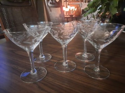 Set Of 5  Etched Crystal Champagne/Martini Glasses 