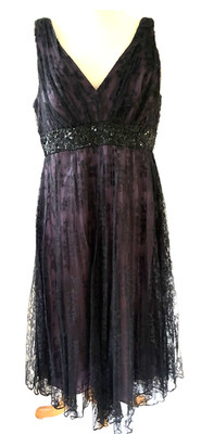 Carmen Marc Valvo Purple Silk W Black Lace Cocktail Dress Sparkly Belt Size 8
