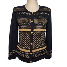 Susan Bristol VTG Embroidered Button Front Cardigan Sweater L Black Gold Beaded