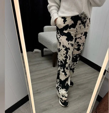 Women's Black White Cow Print Cowgril Wide Leg Loose Draw Waist Pants