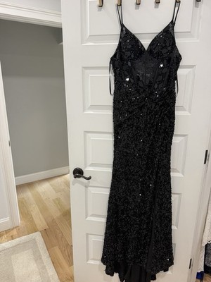 Amelia Couture Women's Black Sequin V-Neck Corset Lace-Up Back Long Gown 6