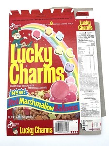1989 General Mills Lucky Charms cereal box - *NEW* Balloon Marshmallows - UNUSED
