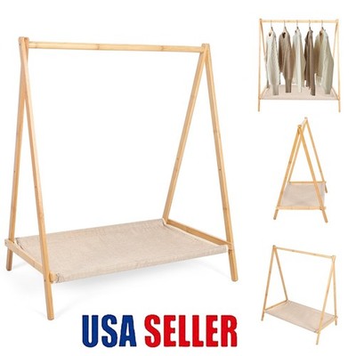 Wood Wardrobe Storage Rack Portable for Hanging Clothes Coats Skirts Shoes Bags